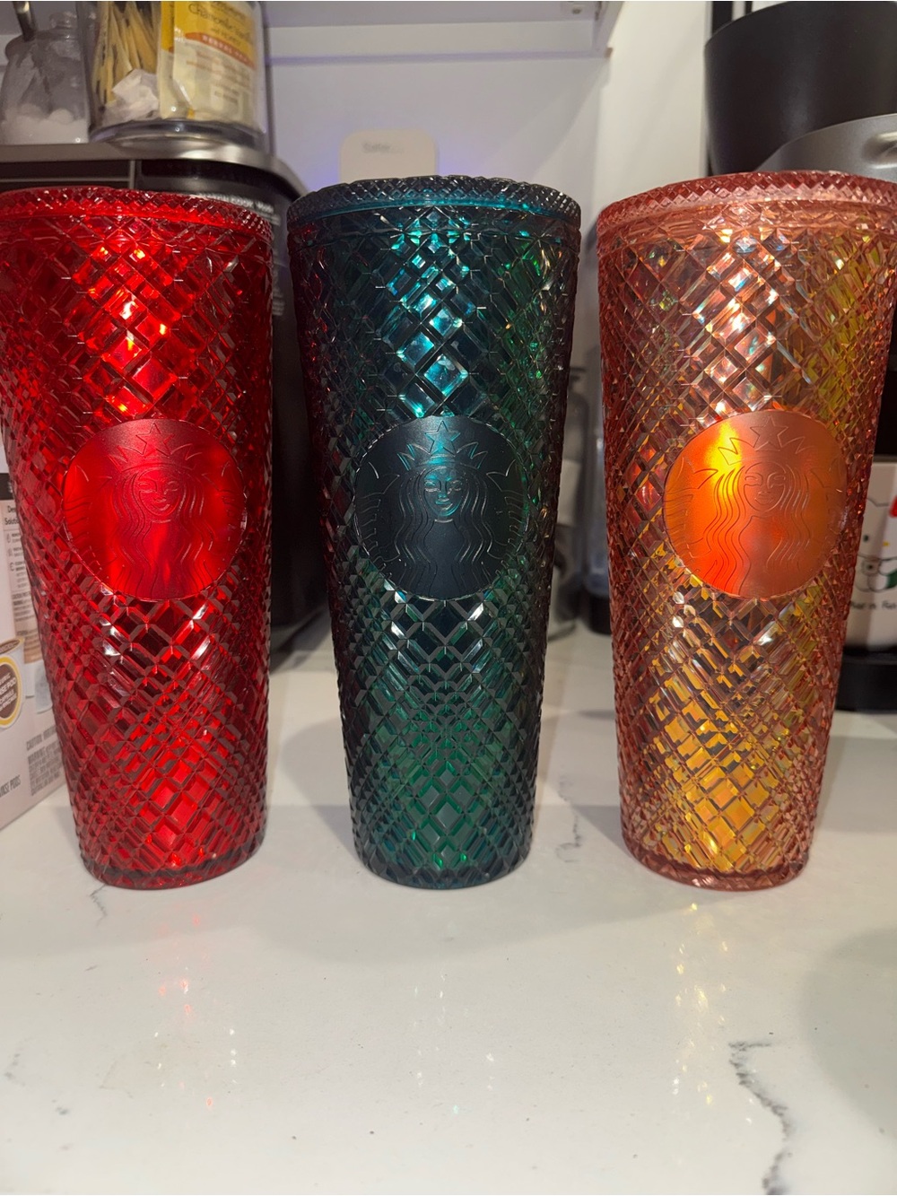 Starbucks Iridescent Red, Green & Orange Textured Tumblers Set